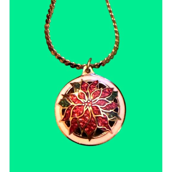 Heavy HMK Signed Cloisonné Poinsettia Pendant Necklace On 26" Chain - Picture 8 of 9